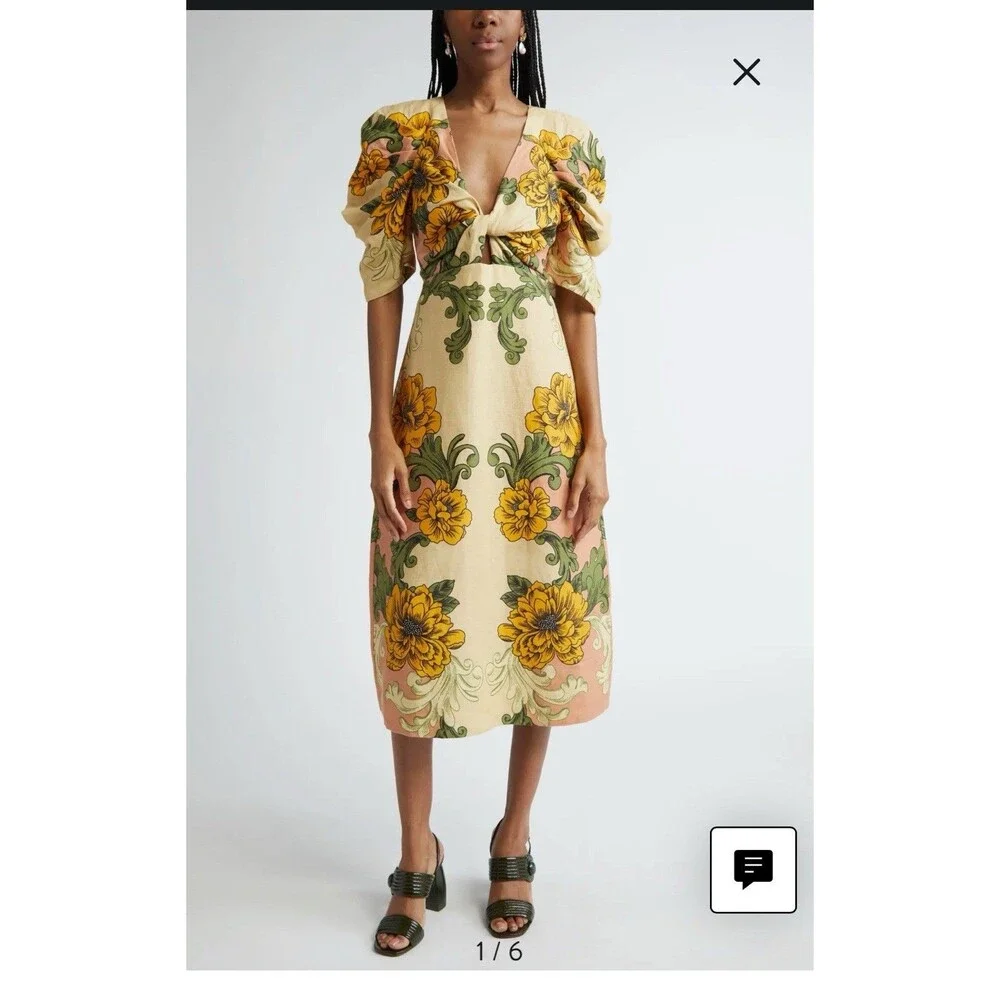 Farm Rio Delicate Flower Arabesques Premium Linen Midi Dress Small New $280 - Picture 3 of 7